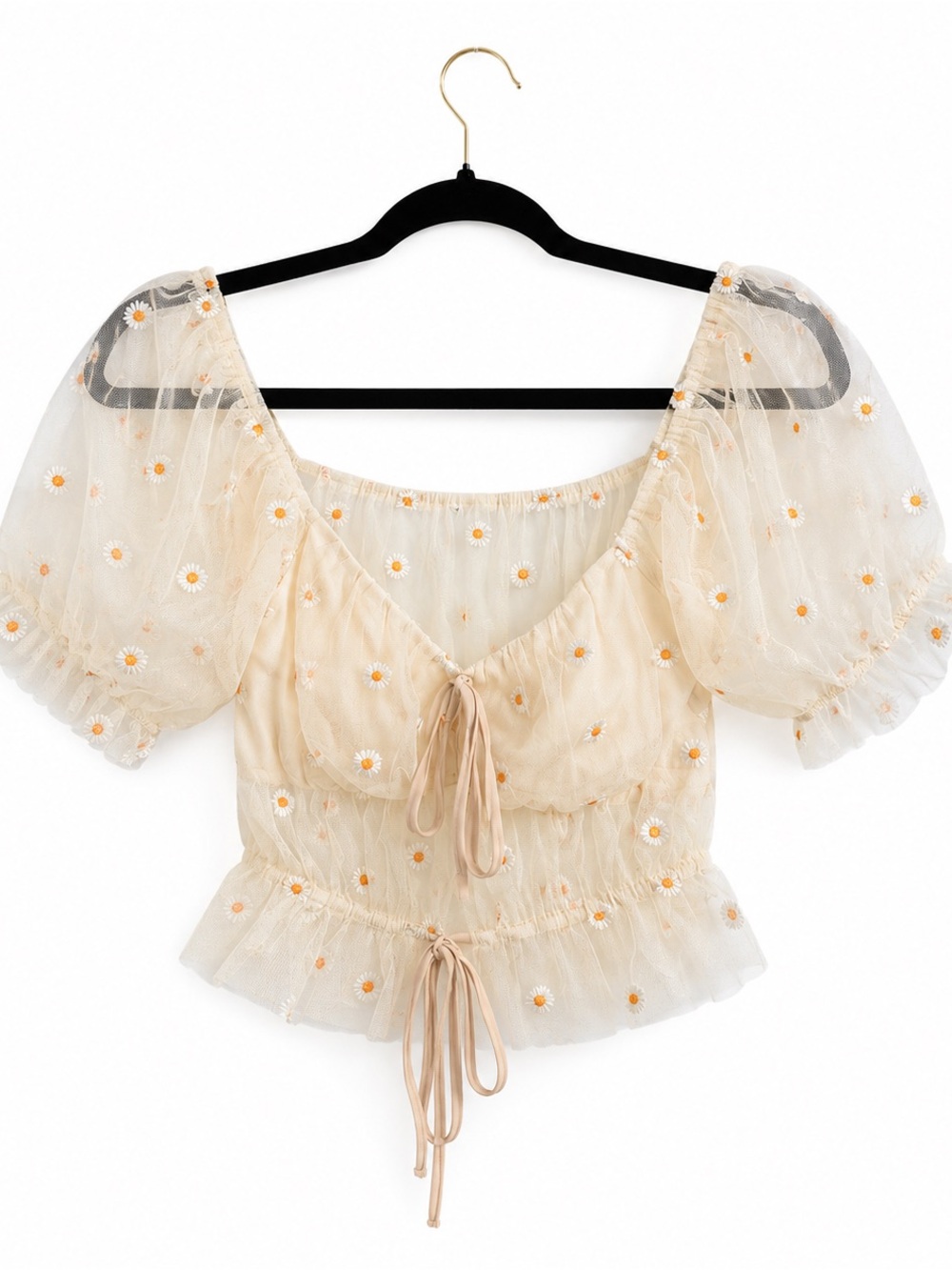 Le Lis Cream Sheer Daisy Tie-Front Puff Sleeve Top